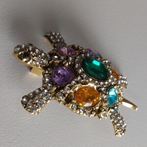 Elegant Gold Tone Turtle Brooch with Multicolor Gems